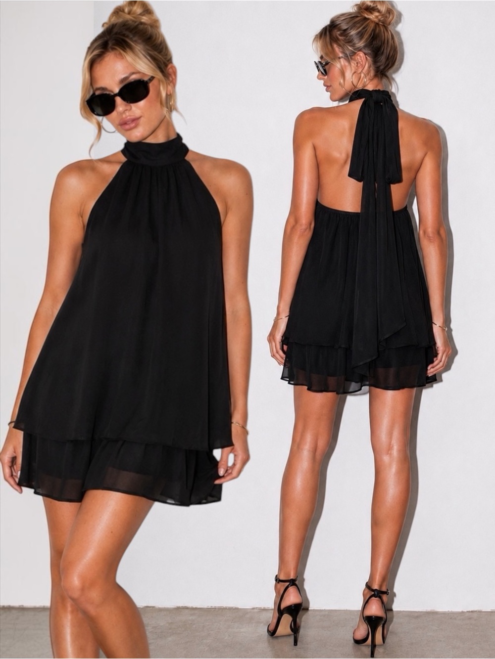 The Bardot Backless Halter Ruffle Mini Dress - Black